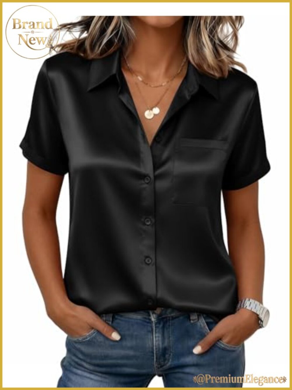 Satin Silky Button Down Short Sleeve Blouse V-Neck Casual Top